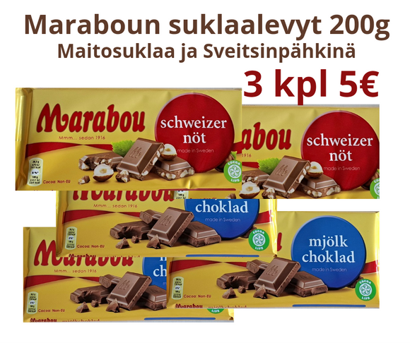 Marabou Sveitsinpähkinä 200g 2 kpl + Maitosuklaa 200g 1 kpl