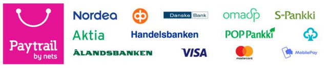 Paytrail logo ja maksutavat logoina: Nordea, Op, DanskeBank, OmaSp, S-pankki, Aktia, Handelsbanken, POP pankki, Säästöpankki, Ålandsbanken, Visa, Mastercard ja Mobilepay.