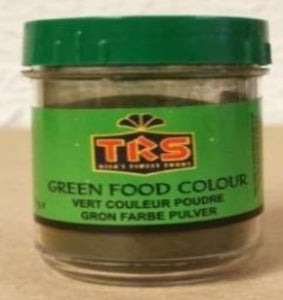 TRS Green Food Colour, elintarvikevärijauhe purkissa.