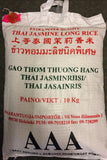 Riisipussi, jossa teksti Thai jasmine long rice, Thai jasminriisi, Paino 10 kg, maahantuoja Vii Yoan.